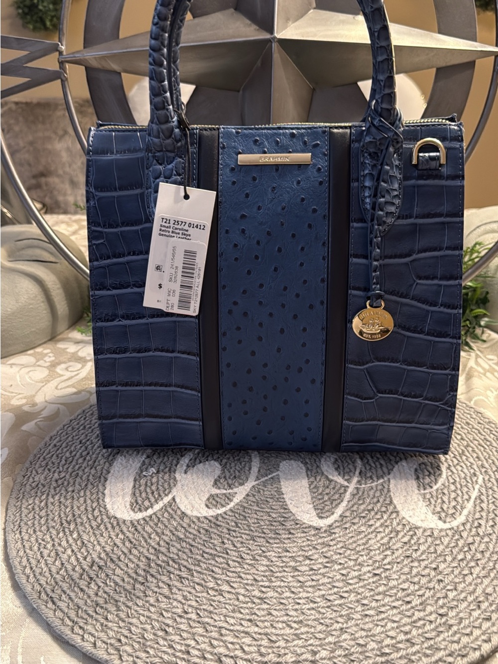 Brahmin Navy Croc-Embossed Faux-Ostrich Structured Tote